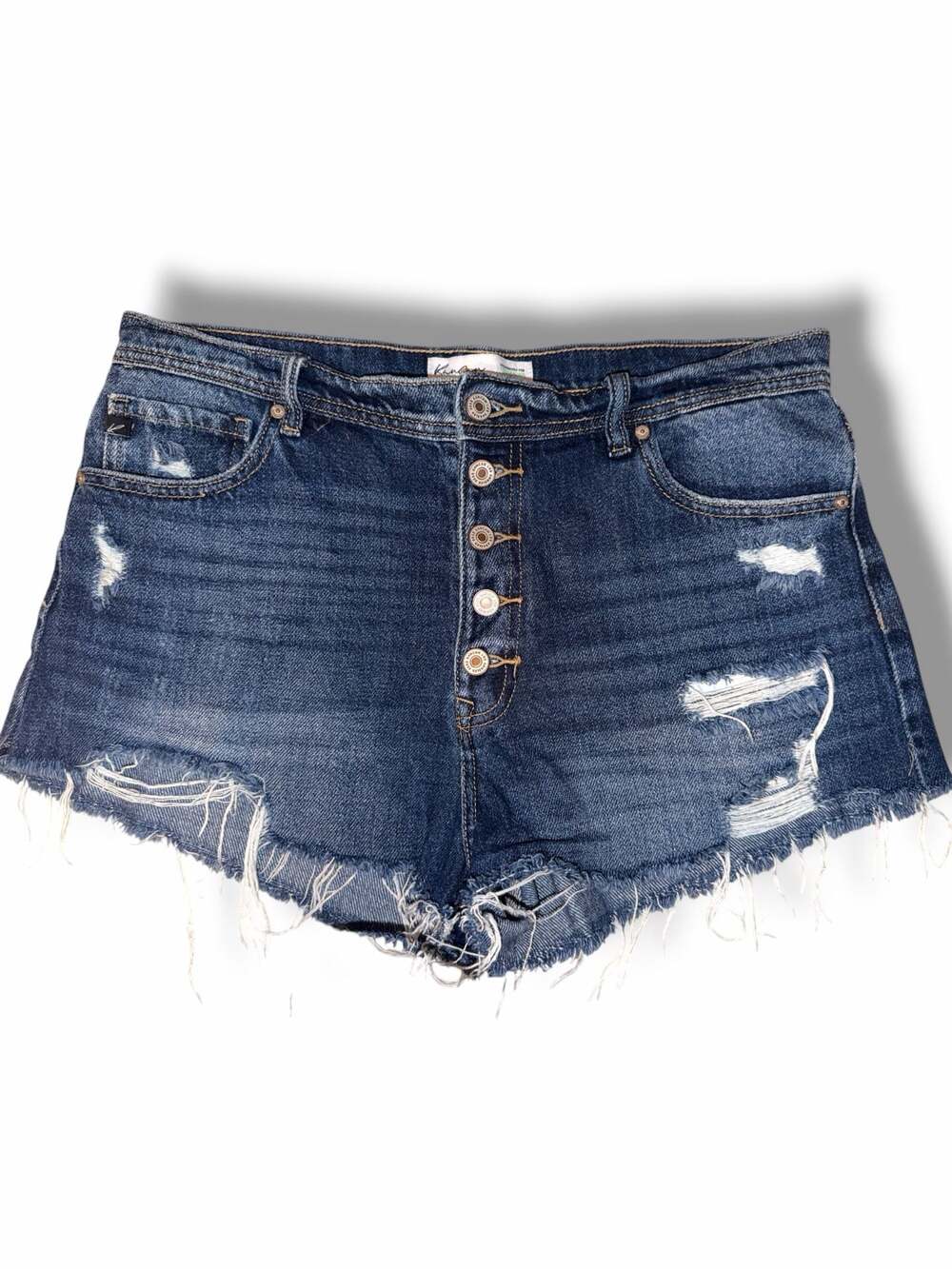KanCan High-Rise Distressed Button Fly Raw Hem Denim Shorts